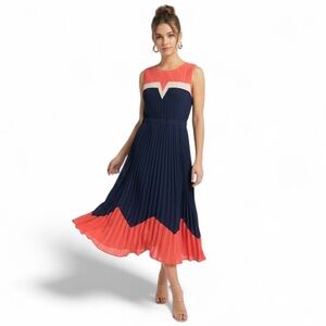 Five Plus Colorblock Micro-Pleated Midi Dress Navy Coral Cream Size S